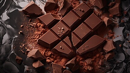 A Luscious Display of Chocolate Delights: Broken Bar and Cocoa Powder on Marble Background