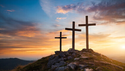 Three crosses on hill at sunset, symbolizing Crucifixion of Jesus Christ. Religious concept with...