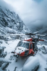 A red helicopter crashed on a mountain covered on snow