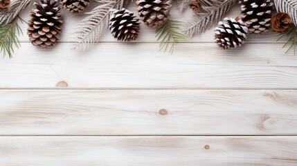 Rustic Christmas Frame with Pine Cones and Fir Leaves on White Wood Background