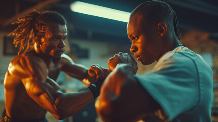 Two individuals mastering a self-defense technique in a vigorous Krav Maga class