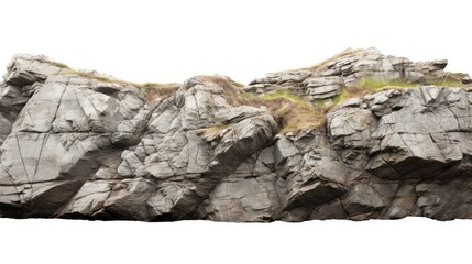 Majestic Rock Formation with Lush Green Grass Growing Atop Against White Background