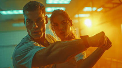 Two individuals mastering a self-defense technique in a vigorous Krav Maga class