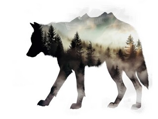 A black and white silhouette of a wolf with mountains in the background, double exposure on white background.