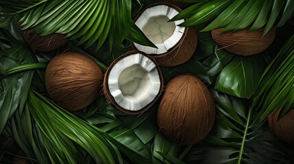 Fototapeta na wymiar Rustic Coconuts with Fresh Green Leaves on Natural Background