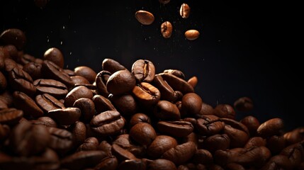 Aromatic Coffee Beans Cascading into a Pile on Dark Background