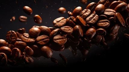 Zelfklevend Fotobehang Captivating Coffee Beans Suspended in Mid-Air Against Dark Background © StockKing