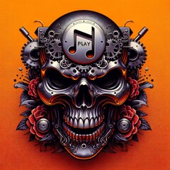 3D surreal skull with notes on a bright orange background.