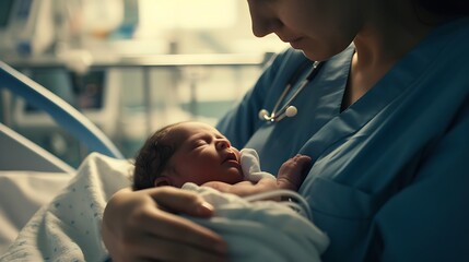 A medical worker holds a newborn baby in his arms.