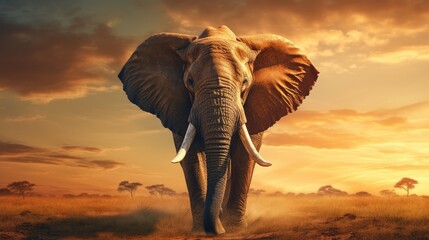 Majestic Elephant Stands Serenely in Sunlit Field Against Stunning Sunset Sky