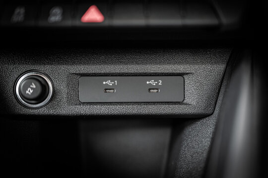  Two USB C ports on front panel in car. Car usb socket for charging and accessories. Car interior. 