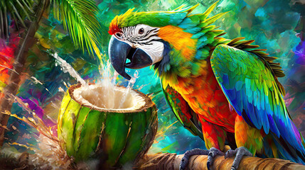 Egzotyczny kolorowy ptak papuga, abstrakcje - obrazy, fototapety, plakaty