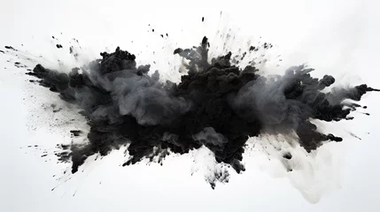 Foto op Plexiglas Fiery Chaos: Intense Black Smoke Explosion Unleashed on Bright White Background © StockKing