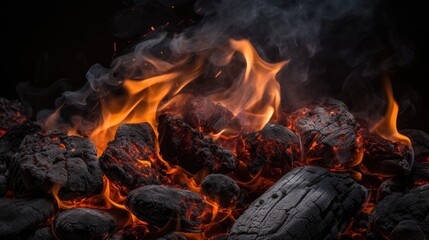 Intense Fire Burning Brightly with Glowing Charcoal and Roaring Flames in Barbecue Background