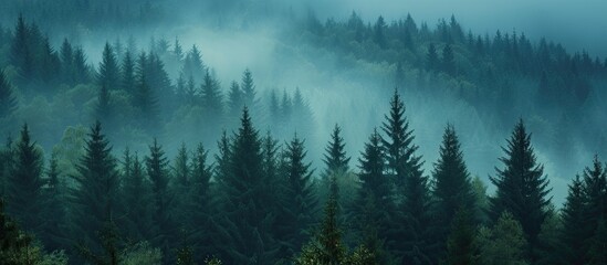 A photo of a foggy forest in Bohemian Sumava National Park, Czech Republic, filled with numerous trees on a misty morning. - obrazy, fototapety, plakaty