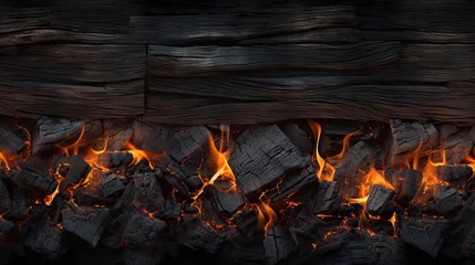 Fototapeten Intense Flame Illuminates Charred Wood Texture in a Cozy Fireplace Setting © StockKing