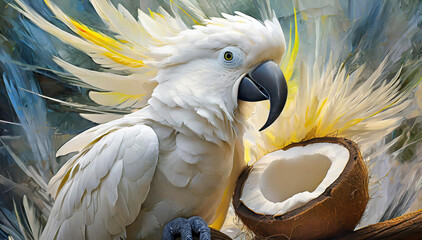 Egzotyczny ptak biała papuga, abstrakcje - obrazy, fototapety, plakaty