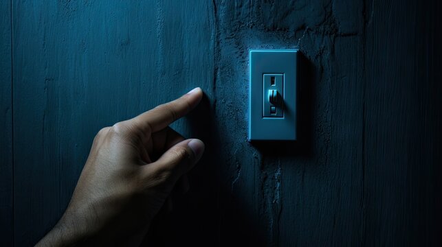Hand Activating Light Switch to Illuminate Dark Blue Wall in Room