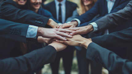 a group of professionals placing their hands together in a unified stack, symbolizing teamwork and collective motivation. - Powered by Adobe