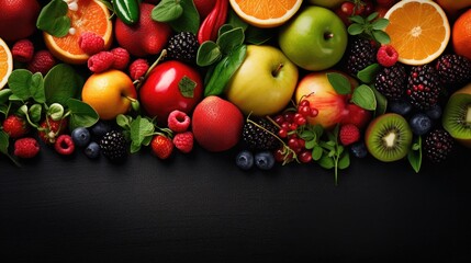 Naklejka na ściany i meble Vibrant Collection of Fresh Fruits, Vegetables, and Berries Background for Healthy Eating Concept