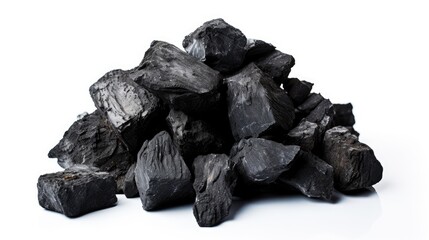 Raw Black Coal Chunks Displayed on Bright White Background for Power and Energy Concept