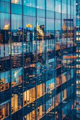 Evening city lights reflected in a modern glass business office skyscraper