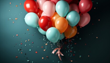 Colorful balloons, ribbons, and confetti for birthday party decoration on solid background.