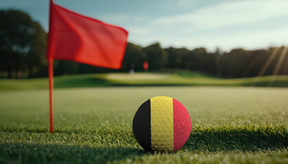 Golf ball with Belgium flag on green lawn or field, most popular sport in the world