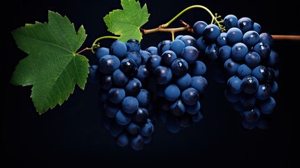 Bunch of Ripe Grapes and Green Leaves Set on Elegant Black Background