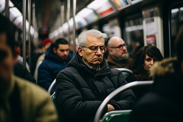 Obraz premium Elderly man deep in thought on a crowded subway train.