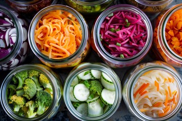 fermenting various healthy vegetables in jars to promote diverse gut flora - obrazy, fototapety, plakaty