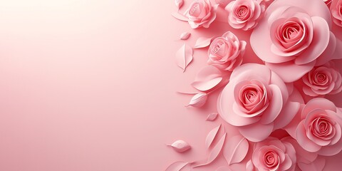 Delicate pink background with roses on the right. Copyspace