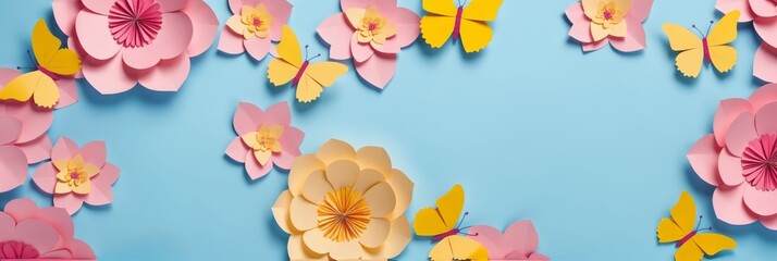 A collection of handcrafted paper flowers and butterflies are artfully arranged on a soft pastel blue backdrop, creating a whimsical and vibrant display. 