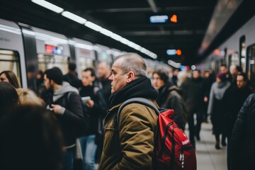 A solitary man stands with a red backpack amidst a crowd waiting for a subway train.
