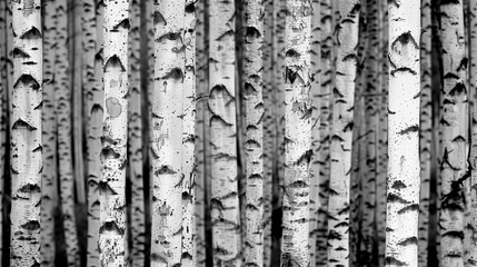 Obraz premium Natural Rhythm: The Striking Monochrome Texture of Birch Tree Bark in a Tranquil Forest