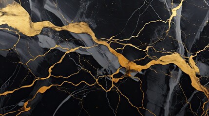 Elegant Fusion of Black Marble and Gold Veins in Japanese Kintsugi Inspired Wallpaper