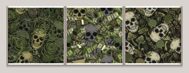 Green khaki grunge camouflage patterns with human skulls, 100 dollar bills, mushrooms, rose flower. Illustration for apparel, clothing, fabric, textile, sport goods.