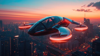 futuristic aero taxi gracefully hovering above a bustling cityscape at sunset, with sleek design and glowing lights, showcasing advanced technology and urban mobility - obrazy, fototapety, plakaty