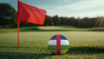 Golf ball with Central African Republic flag on green lawn or field, most popular sport in the world - obrazy, fototapety, plakaty