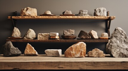 Fototapeta na wymiar Rustic Rock Mineral Showcase Shelf with Textured Platform and Stone Background
