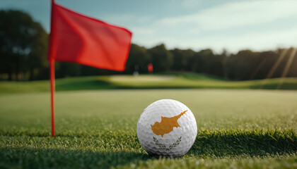 Golf ball with Cyprus flag on green lawn or field, most popular sport in the world