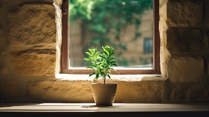 Tranquil Greenery: A Petite Plant Rests in a Pot on a Peaceful Window Sill