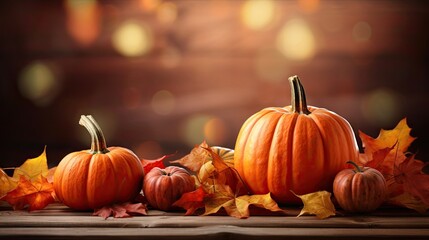 Vibrant Fall Harvest: Three Colorful Pumpkins and Autumn Leaves Arranged on a Rustic Wooden Table