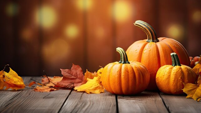 Two Vibrant Pumpkins Resting on a Rustic Wooden Table Surrounded by Colorful Autumn Leaves