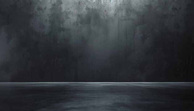Abstract Dark Room with Reflective Floor and Textured Walls, Copy Space