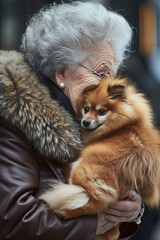 Obraz premium An elderly woman in a brown fur coat and with grey hair is holding and hugging a small orange fluffy Spitz dog symbolizing love and compassion for animals and companionship in old age