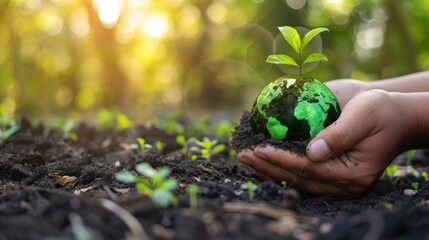 Hands holding a clump of soil with a young plant sprout, creatively superimposed with an image of the Earth, representing environmental consciousness.
