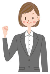 ガッツポーズをするグレーのスーツの女性　就職活動