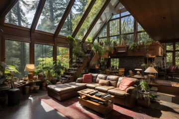 Fototapeta premium Spacious living room with modern furniture overlooking a lush forest through large windows.