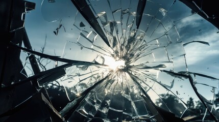 Dramatic Sunlight Filters Through Shattered Glass Window After Breaking